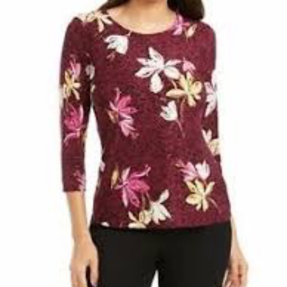 NWT JM Collection Ladies Wine Floral 3/4 Sleeve To